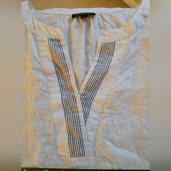 Talbots XL Linen White Blouse with Blue Stripes, Cap Sleeve - Picture 5 of 12